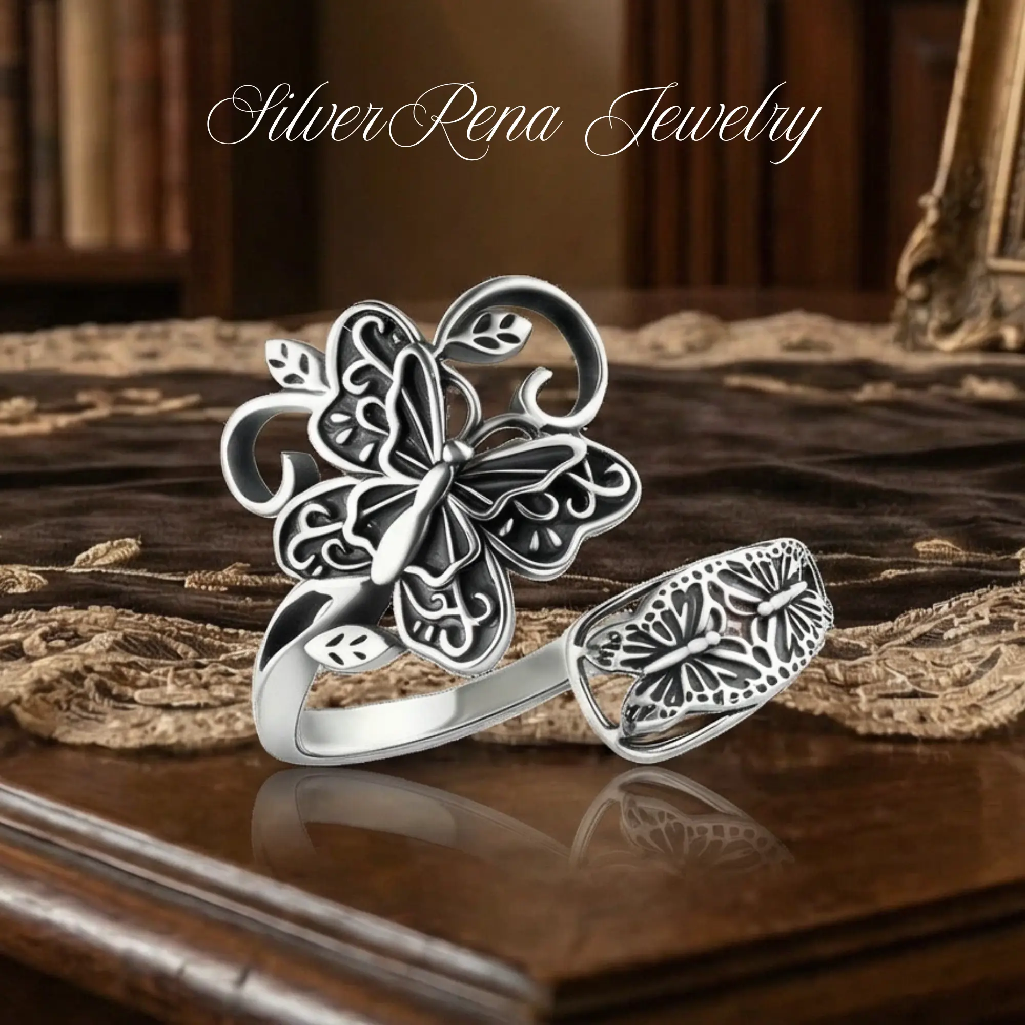 S925 Vintage Butterfly Open Ring with Adjustable Design, Elegant Style Jewelry for Women, Bravery Jewelry Gift for Girls, Courage and Love Ring Perfect for Daily Wear and Party, Birthday Valentine's Day Gift