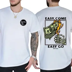Rest Easy T-Shirt - Bold "Easy Come, Easy Go" Graphic Featuring Skeleton Hand and Burning Money Design, Unisex T-Shirts, Menswear Tops Tshirt Streetwear