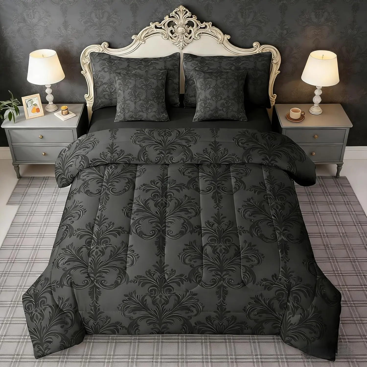 7 Pieces Black Damask Comforter Set,Gothic Vintage Damask Floral Bedding Set,Antique Victorian Baroque Bed in A Bag with Comforter,Sheets and Pillowcases,Woman Adult Room Decor