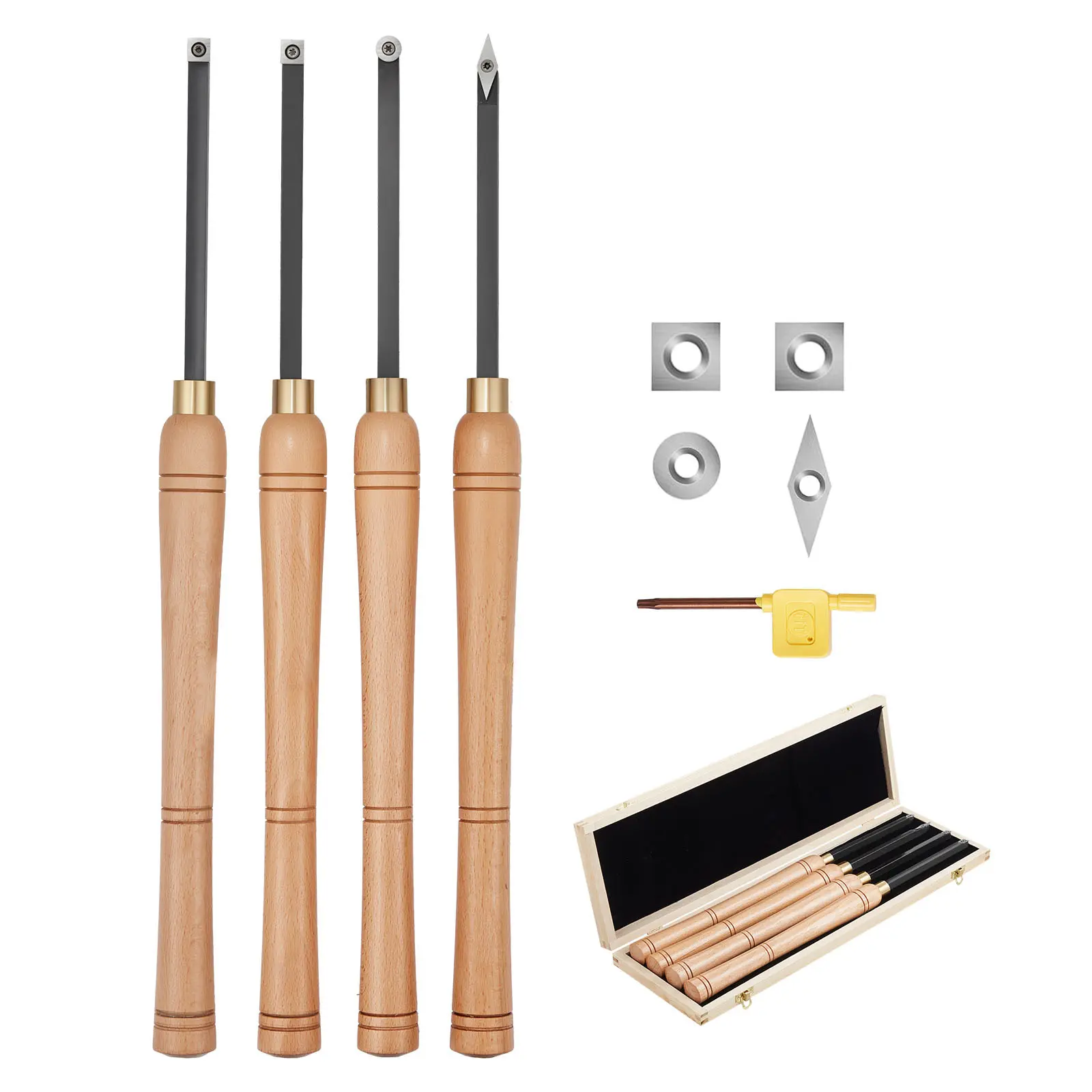 VEVOR 4-Pieces Wood Lathe Turning Chisels Set, Pre-Sharpened with Comfortable Wooden Handles - Replaceable Blades (1 Diamond, 1 Square, 2 Round Carbide Inserts), Wooden Box, Edging Grooves Tool for Beginners (Father's Day Gift Option)