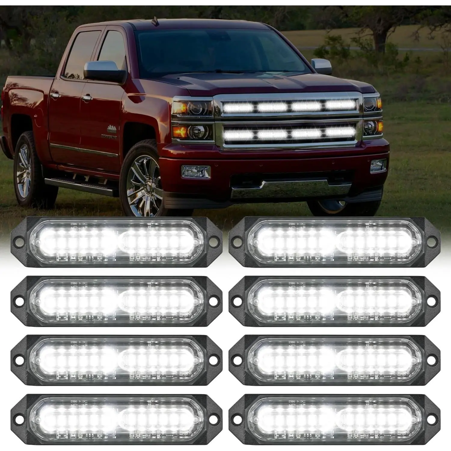 Nilight Strobe Light Kit - 8PCS 12LED White 12V-24V Ultra Slim Surface-Mount Mini Grille Flasher with Sync Feature, High Visibility, Steady On for Cars, Trucks (Rainy & Foggy Conditions), Led Light