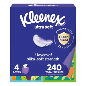 Ultra Soft Facial Tissues, 4 Cube Boxes, 60 Tissues per Box, 3-Ply (240 Total), Packaging May Vary