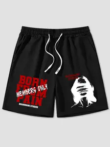 Men's "Born from Pain" Streetwear 2-in-1 Shorts - Edgy Graphic & Member Only Print Black Athletic Shorts, Y2K Hip-Hop Joggers with Compression Liner, Breathable Drawstring Shorts for Gym & Street Style
