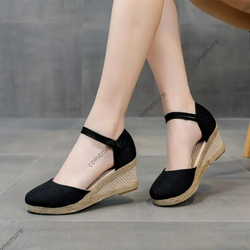 Comemore Sandals High Heel Summer Footwear 2025 New Ladies Comfort Casual Shoes Pumps Round Toe Shoes Espadrilles Wedges Sandale