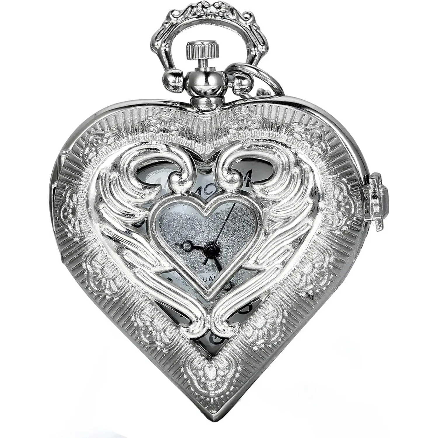 Tone Heart Locket Style Pendant Pocket Watch Necklace for Girls Lady Women with 30-inch Chain