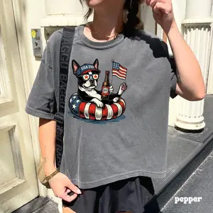 USA Boston Terrier Beer Graphic Boxy Tee Funny 4th of July Patriotic Dog Shirt Oversized Streetwear Casual Summer Gift TikTok Trend Unisex Apparel