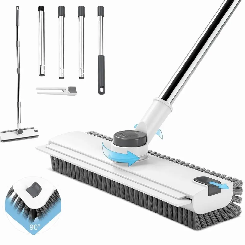3-in-1 360-Swivel Bathtub Floor Scrub Brush with Squeegee, Long Adjustable Pole, Tough Stiff Bristles for Camp Kitchen, Bathroom, Patio Cleaning Tools (White&Grey)
