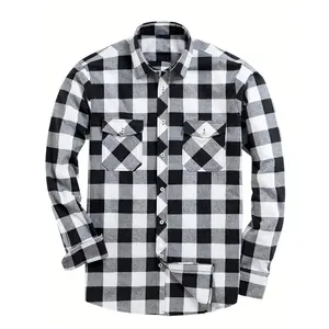 Men's Fashion Casual Flannel Plaid Shirt for All Seasons - Long Sleeve Lapel Collar Regular Fit Polyester Rayon Blend Top - Menswear