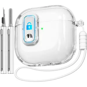 (with Safety Lock) Compatible with AirPods 4 Case with Cleaner Kit,Clear Soft TPU Transparent AirPods 4th Generation Case,Full Protection Cover with Lanyard for AirPods 4 Gen (2024) (USB-C)-White