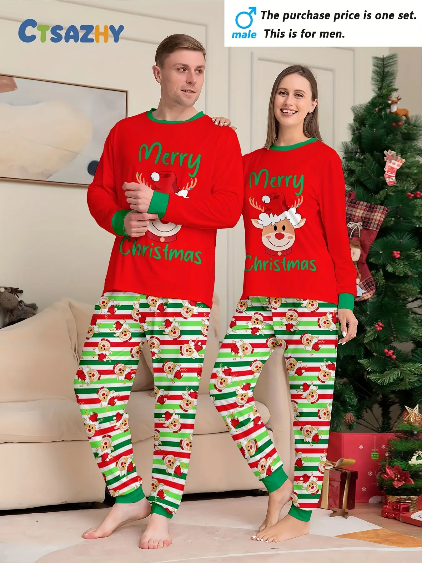 MEN/WOMEN Couple Christmas Long Sleeve Trouser Pants Homewear Pajamas Pajama Pants Set, Christmas Elk and Stripe Combination Printing Elements, Crew Neck Design, Christmas Set, Men's or Women's, Single Set, Clothes