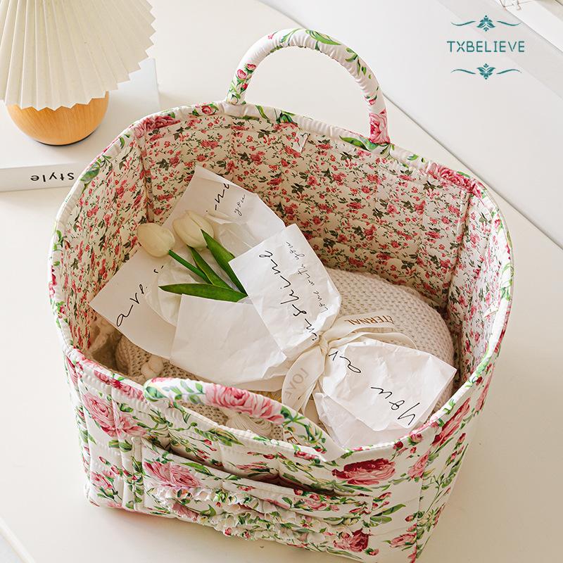 Quilted Fabric Storage Basket with Handles – Boho Foldable Floral Organizer Bin for Home, Picnic, Shopping, Travel