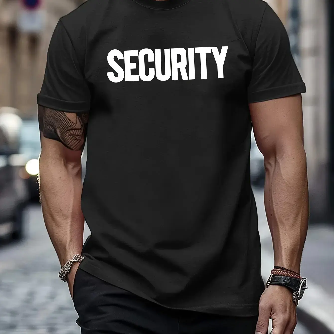 Men's Crew Neck T-Shirt Black SECURITY Text Print for Security Guard Duty Plus Size