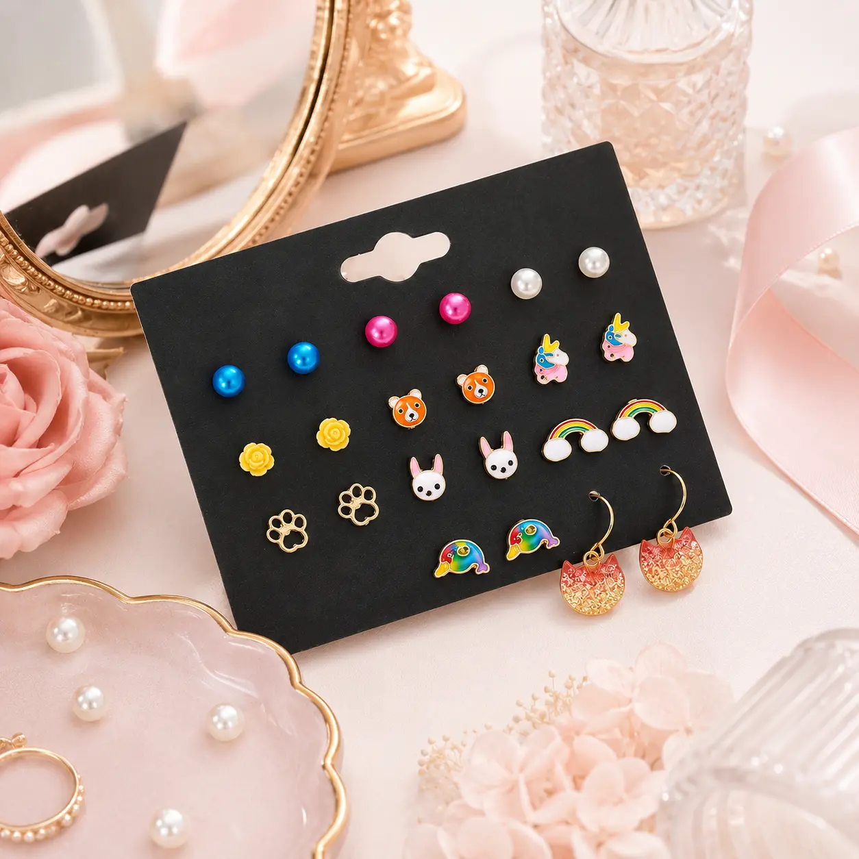 12 Pairs Cute Earring Set for Women and Teens, Colorful Enamel Stud and Dangle Earrings with Unicorn, Rainbow, Bunny, Paw, Bear, Flower, Pearl-Look and Cat Charms, Mix and Match Everyday Jewelry Gift, Animal Motifs