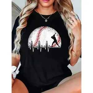 Funny Baseball Heartbeat Vintage Baseball Player Women Boys T-Shirt Casual Printed Cotton Women T-Shirt, Summer Short Sleeve Graphic Tee Women Tops t0407