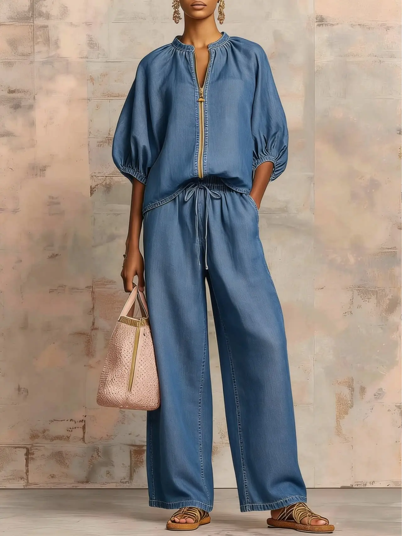 Women's Summer Solid-Color Casual 2-Piece Womenswear Clothes Set - Round-Neck Zip-Up Simple Elegant Top, Elastic-Waist Wide-Leg Pants for Everyday Outings, Strolling