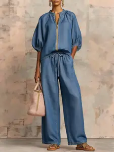 Women's Summer Solid-Color Casual 2-Piece Womenswear Clothes Set - Round-Neck Zip-Up Simple Elegant Top, Elastic-Waist Wide-Leg Pants for Everyday Outings, Strolling