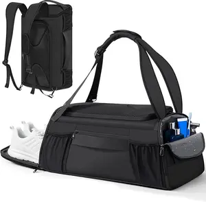 Gym Bag for Women Men, Duffle Travel Bag with Shoes Compartment and Wet Pocket, Waterproof Overnight Carry On Bag Backpack with Two Elastic Bottle Holders for Travel, Workout, Sports, Weekend