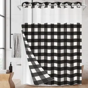 1pc hookless shower curtain with buckle lining, black and white checkered geometric patchwork design, 2D flat printing, fabric waterproof lining, see-through double-layer shower curtain, 71 x 74 inches, modern home draping curtain.