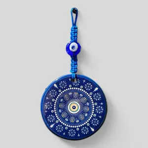 Wall Hanging Ceramic Evil Eye Nazar Boncuk Mal De Ojo, Modern Boho Style Home Decor -- Round Floral Mandala
