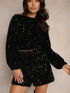Women's Round Neck Long Sleeves Solid Sequin Top and Shorts Fitted Fashion Set Womenswear, Stylish Casual, Perfect for Daily Wear, Trendy Summer Clothing