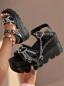 Women's Spider Web Graphic Platform Strap Sandals, Grommet Eyelet Design Sandals for Summer, Lightweight Comfortable Shoes for Daily Wear, Students and Outdoor