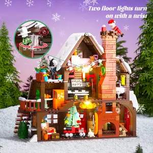 Joyful Christmas Wooden House Mini Building Blocks Set with Lights, Holiday Snow Village Model Kit, Includes Santa Sleigh Accessories