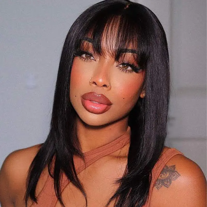 [New In] Wiggins Hair Straight Layered Cut Wigs with Bangs Glueless Straight Bob Wig with Bangs Human Hair 5x7 Lace Closure Wigs