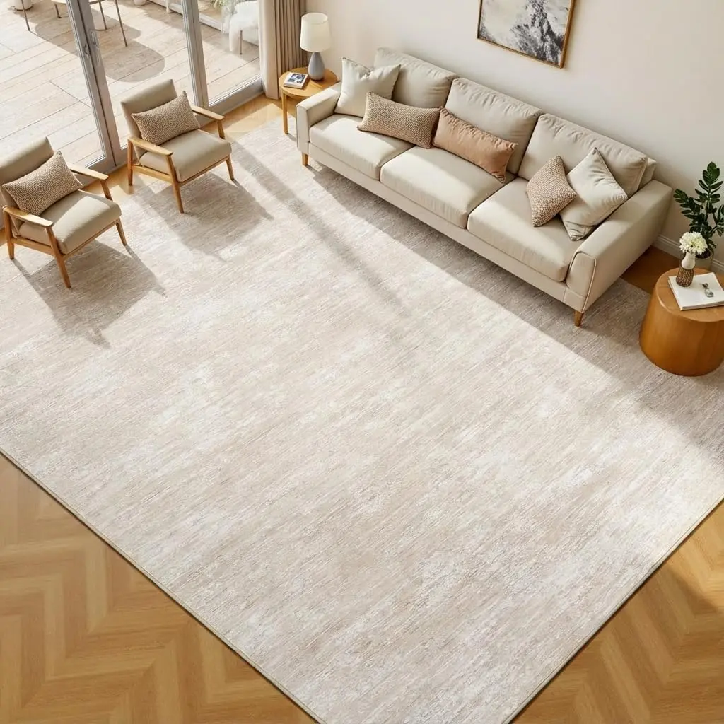 Washable Rugs 8x10 Area Rugs for Living Room Modern Solid Color Rug with Non Slip Backing, Stain Resistant Low Pile Throw Carpet Non Shedding Foldable Soft Mats for Bedroom, Nursery, Beige