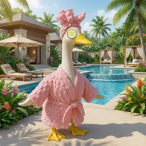 Lady Porch Goose Outfit Set with Bathrobe Shower Cap Cucumber Eye Mask Funny Goose Clothes for Large 23" Cement Plastic Lawn Statue Halloween Christmas Birthday Outdoor Garden Yard Patio Statue Pathway Decoration Costume