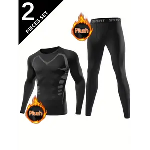 Men's 2pcs Thermal Fleece Compression Shirt & High-Stretch Breathable Leggings Set - Perfect for Winter Sports & Outdoor Activities, Round Neck Long Sleeve Top with Tight-Fit Pants