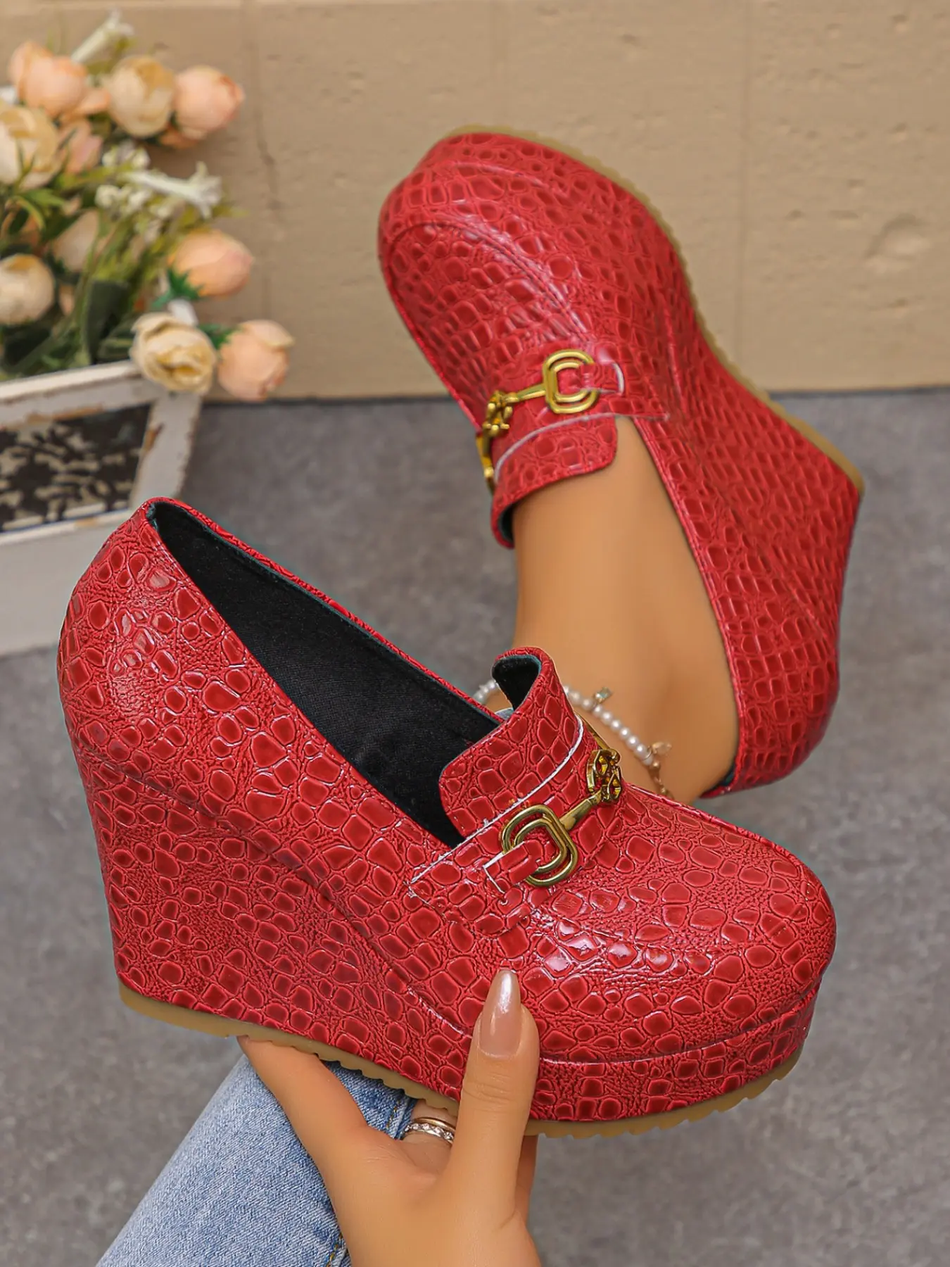 Women's Spring New Wedge Heeled Loafers, Thick Sole Platform Shoes, Versatile Low-Top Single Shoe, Fashionable Stylish Footwear for Women, High Heels, Low Wedges