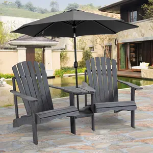 Wooden  reclined bench middle corner table with umbrella hole for patio porch backyard fire pit side use