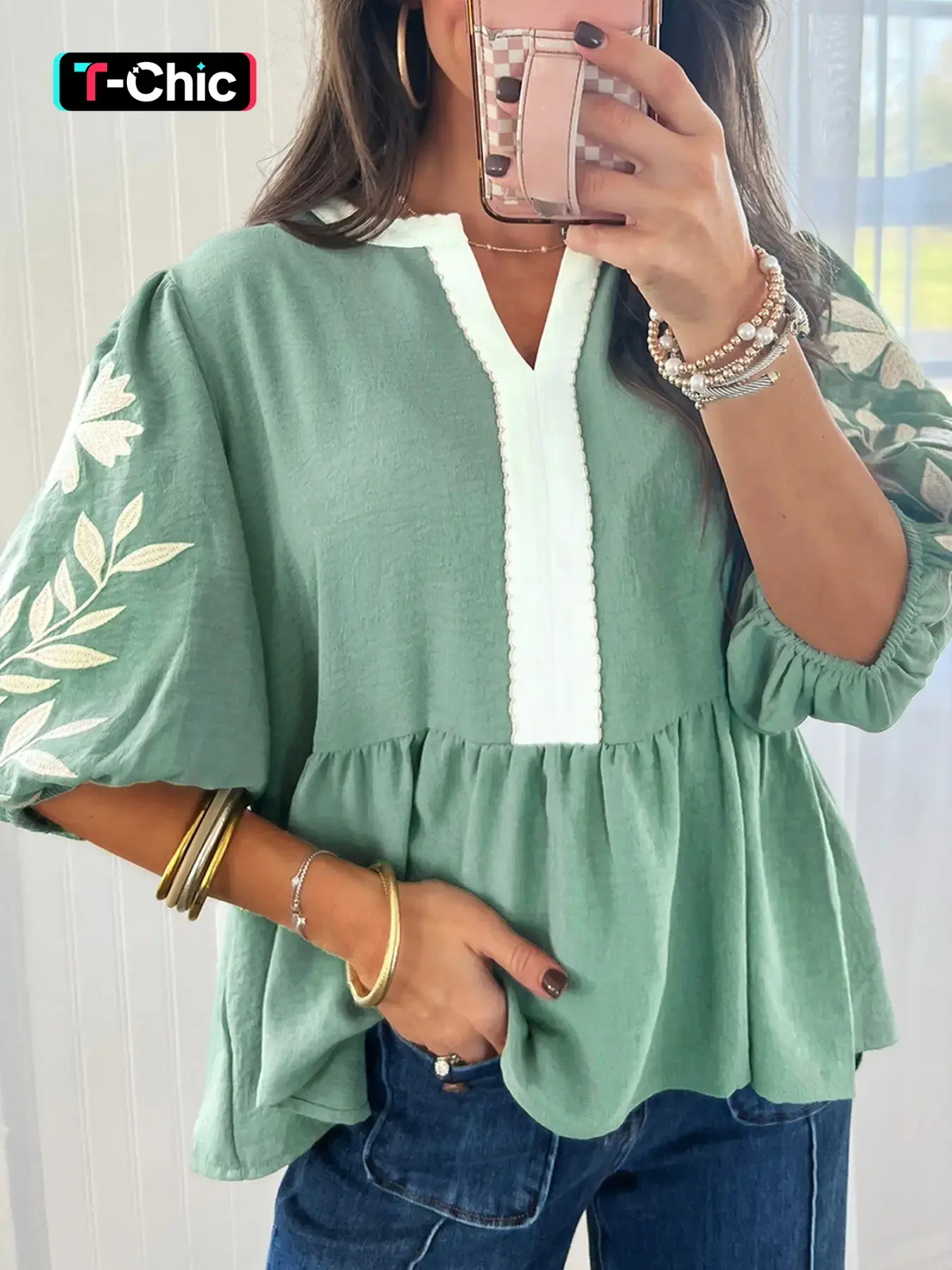 Summer Fashion Aesthetic Colorblock V-Neck Embroidered Bubble Sleeve Women Blouse Shirts Doll Top, Cute Stylish Contrast Design, Perfect for Casual Wear Floral, Bubble Sleeves Top