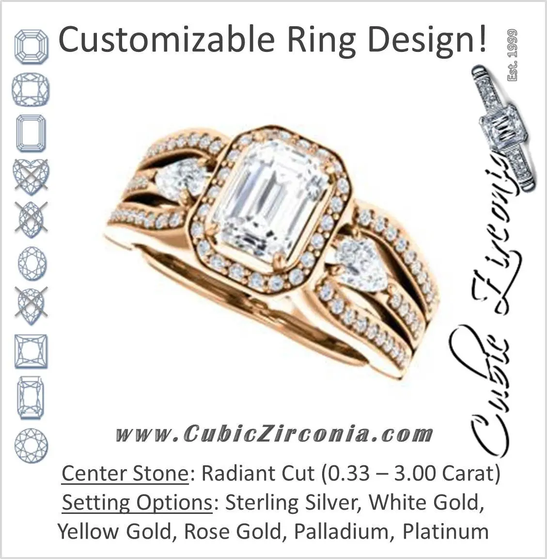 Cubic Zirconia Engagement Ring- The Tricia (Customizable Radiant Cut Ultrawide Split-Pavé-Band Design with Halo & Dual Pear Cut Accents)