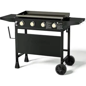 KingChii 4-Burner Outdoor Flat Top Gas Griddle Grill, Portable Propane BBQ Grill with Large Cooking Surface, Side Shelves, Wheels & Tool Hooks for Backyard, Camping and Patio Cooking