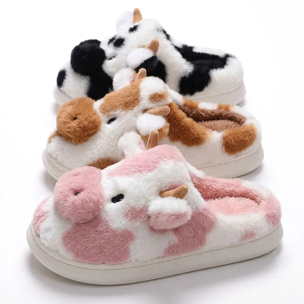 Womens Winter Warm Cartoon Cow Slippers Closed Toe Non Slip Furry House Shoes Women Indoor Bedroom Thick Sole Plush Slippers