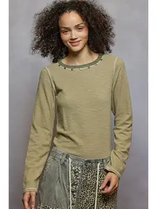 Long Sleeve Solid Pattern Stud Detail Textured Knit Top