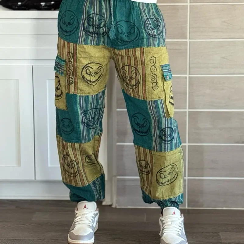 Boho Hippie Pants Bohemian Style Unisex Patchwork Harem Jogger Style Pants with Pockets and Textured Fabric.