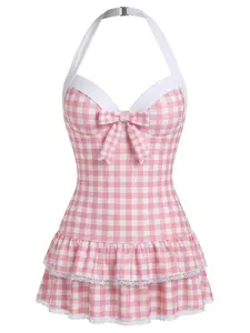 RETRO STAGE Women's 1940s Vintage Pink Gingham Halter 1-Piece Swimsuit, Polka Dots, Dainty Bow, Ruffled Hem, Backless, Comfortable Fit, Bathing Suit, One Piece Swimsuit,summervibes