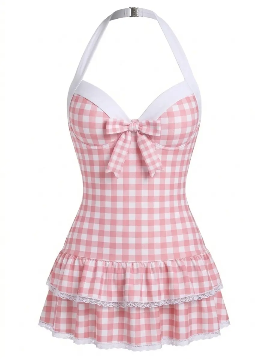 RETRO STAGE Women's 1940s Vintage Pink Gingham Halter 1-Piece Swimsuit, Polka Dots, Dainty Bow, Ruffled Hem, Backless, Comfortable Fit, Bathing Suit, One Piece Swimsuitvacation swimwear for women cute summer outfits