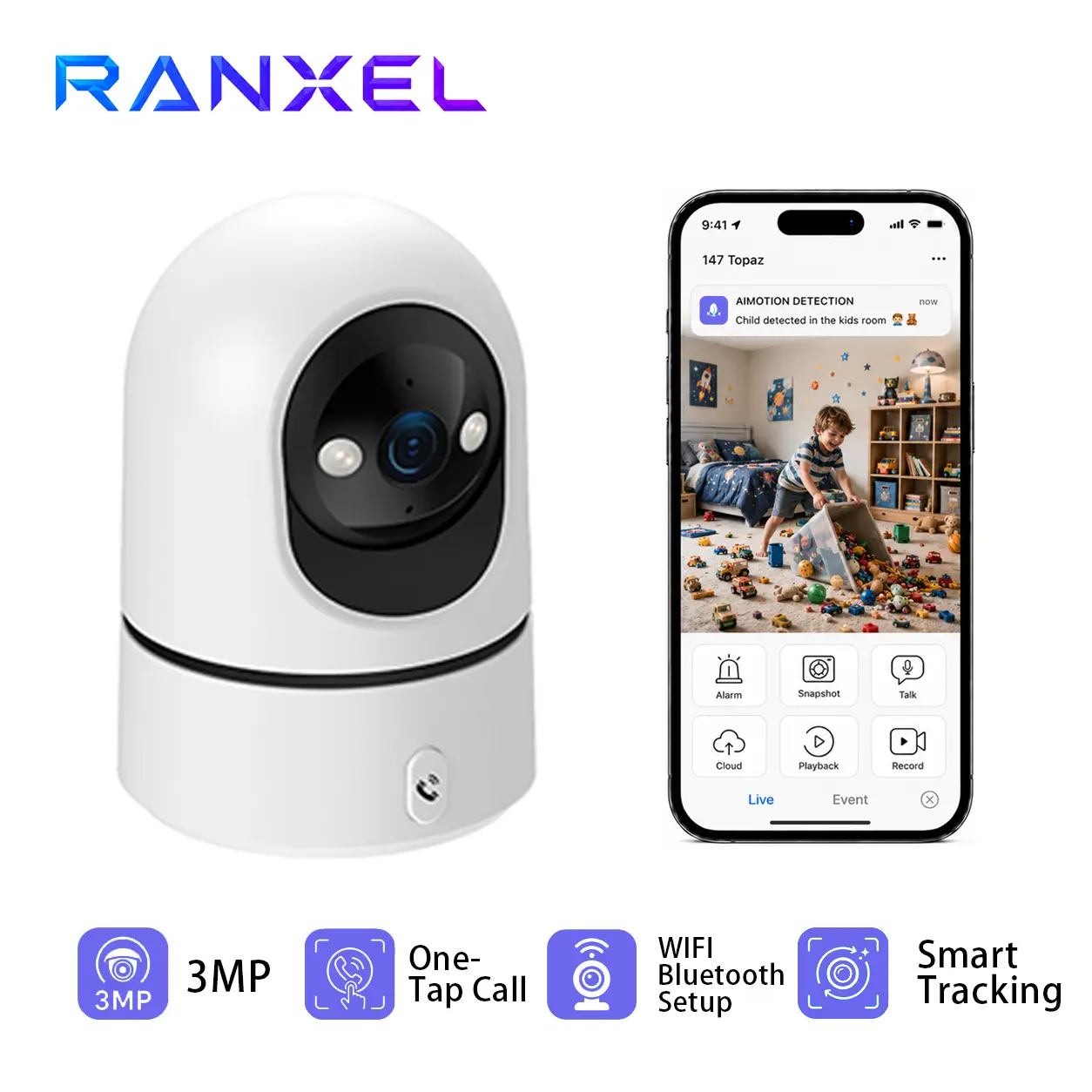 Ranxel 3MP WiFi Smart Home Security Camera - 1-Click Call, 2-Way Audio, Full-Color Night Vision, 360° Pan-Tilt Control, Easy Installation, Multi-User Sharing, AI Detection, 911 Alert, Cloud/SD Storage, Monitoring for Elderly