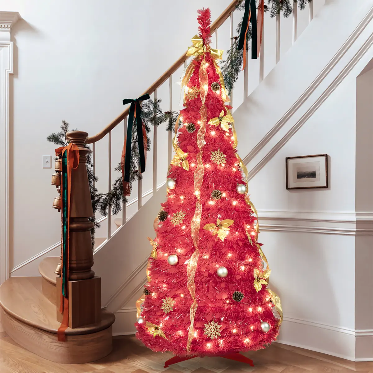 6FT PVC Red Collapsible Christmas Tree with 150 Warm Toned LED Christmas Lights, Ornaments Included - 4 Ribbons, 1 Bow, Flowers, Snowflakes, Pine Cones, Balls - Led Lighted, Easy Setup & Space-Saving Holiday Decor