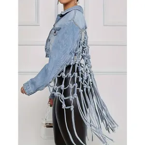 Women’s denim jacket with tassel knot details at the back for streetwear; a fashionable casual denim jacket for women; fashionable jacket GARMENTARY