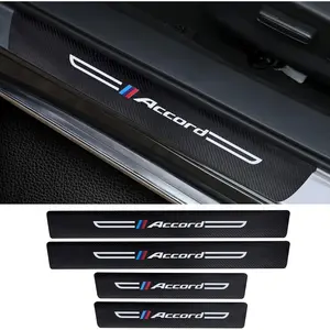 4PCS Carbon Fiber & Textured Leather Car Door Sill Protectors, Compatible with Accord, Black, Vehicle Specific Fit, Screw-In, Front & Rear Lower Door Threshold Guards
