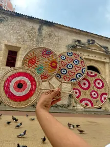 Hand-Painted Iraca Palm Fans with Beaded Wrist Strap – Unique Evil Eye & Heart Designs