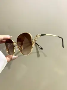 Women's Elegant Large Frame Metal Oval Glasses, Novel Hinged Eyewear with Rhinestone Encrustation, Trendy Fashion Eyewear, Stylish Glasses