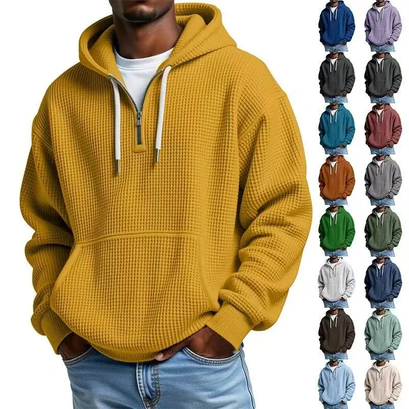 Men's American Casual Waffle-Textured Hooded Sweatshirt - Menswear Tops, Half-Zip, Drawstring, Kangaroo Pocket, Long Sleeves, Slim Fit, Fluid Drape - Suitable for Everyday Wear, Streetwear