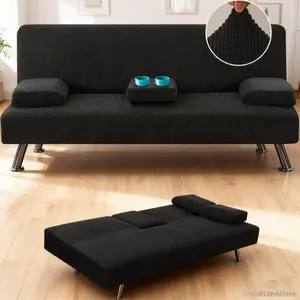 4 Pieces Stretch Futon Covers Sofa Bed Slipcover with Removable Armrests and Cupholders Covers Furniture Protector High Spandex Small Checks Jacquard Fabric, Black FFVentureVibe8AB11Monlisse