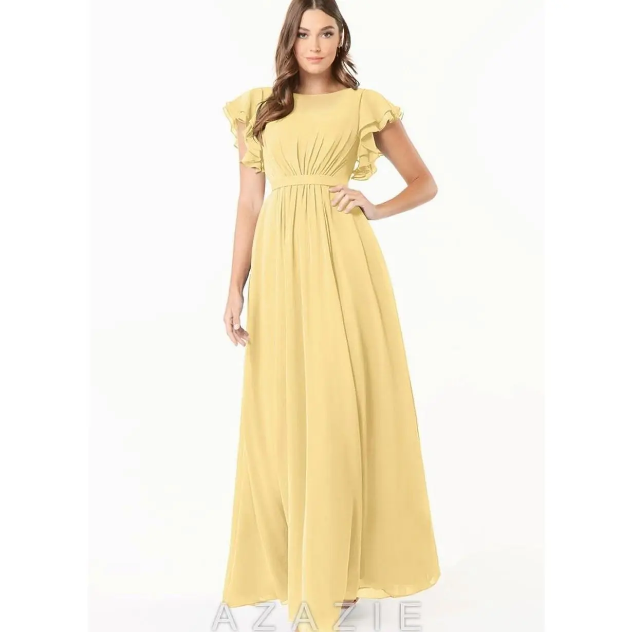 Lilac Chiffon Bridesmaid Dress, Modest A-Line Gown with Cascading Frills Sleeves & Illusion Neckline, Full Sizes