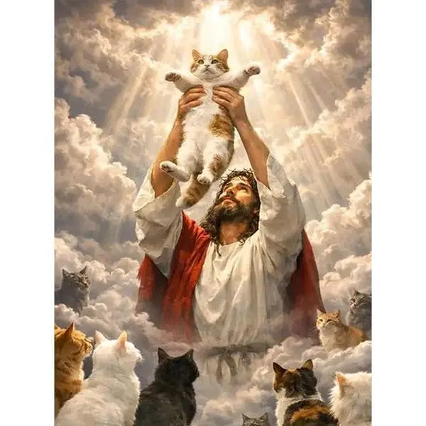 Religious Artistic Jesus Holding Orange Cat Cloud Poster Print - Multi-Size Faith Decor with Wood Frame, Serene Home Decor for Kid Room & Wardrobe, Thoughtful Gift for Women, Easter-Birthday Wall Art, House, Balcony, 12*18 Inch（30*45Cm）